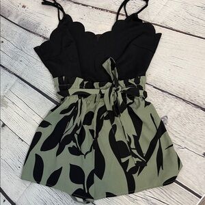 SHEIN Black & Olive Green Floral Print Scallop Romper